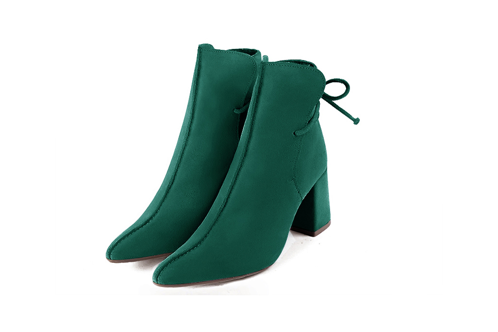 Emerald green women's booties with laces at the back. Tapered toe. High flare heels - Florence KOOIJMAN
